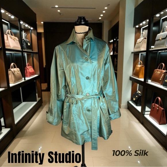 NWT Finity Studio Iridescent Green Silk Coat Size 8 - Picture 4 of 14
